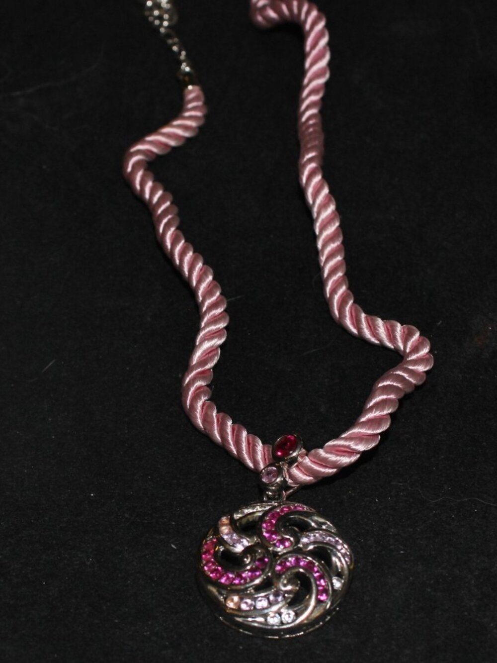 925 Sterling Silver Pink Sapphire & Rubies Pendant on a Braided Silk Necklace